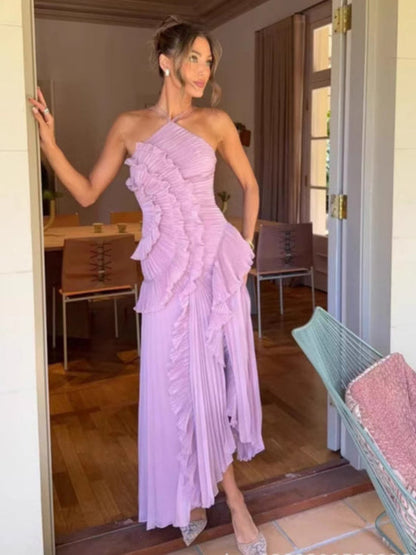 Halter Neck Pleated Maxi Dress – High-Quality Purple Vacation Dress