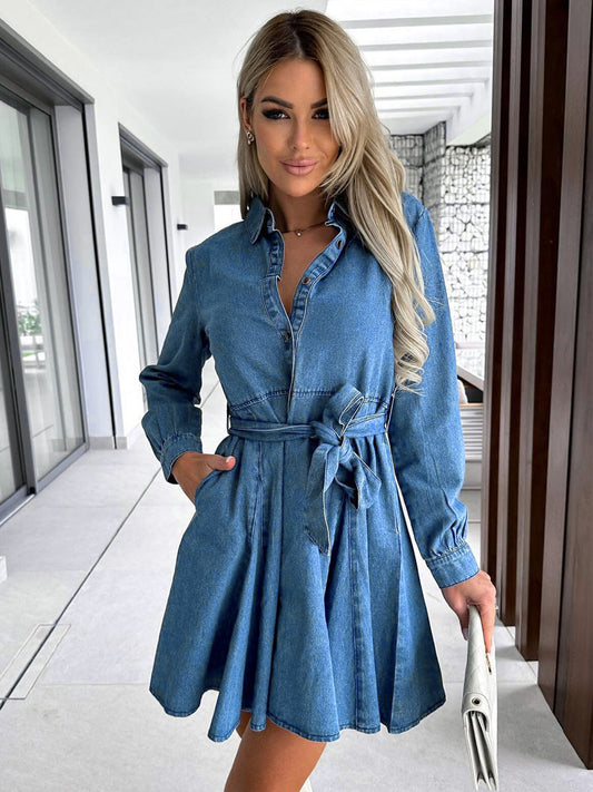 Denim Dresses Turndown Collar Lace Up Long Sleeves A-Line Mini Dresses
