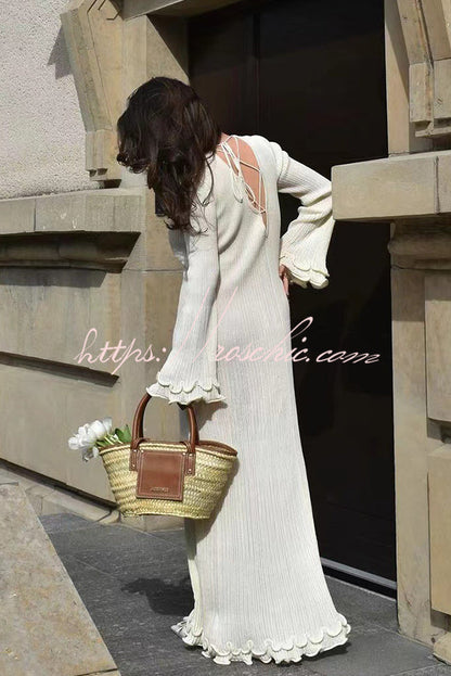 Clara Pleated Fabric Wavy Edges Bell Sleeve Tie-back Stretch Maxi Dress