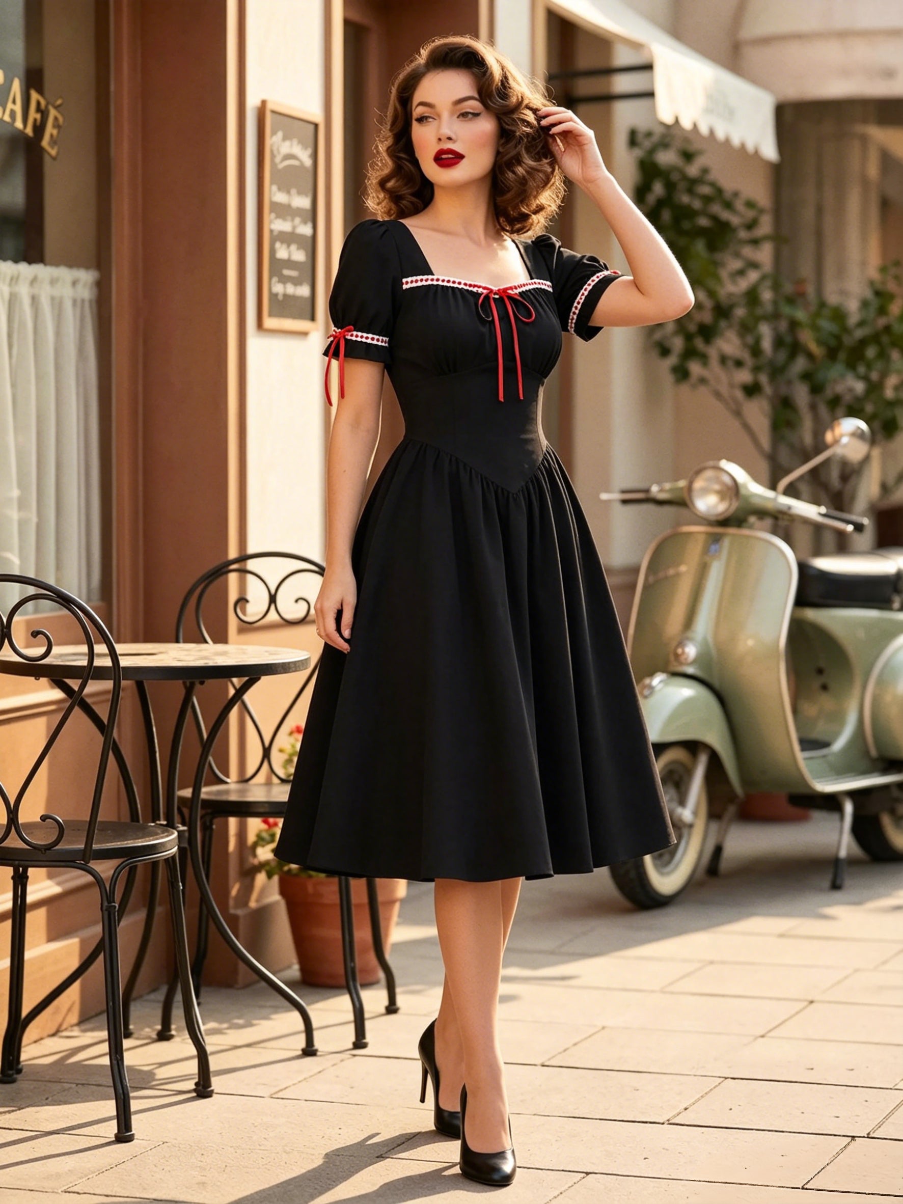 Vintage Dress Women's Puff Sleeve Midi Dress Square Neck Tie Front Fit And Flare Vintage Dress