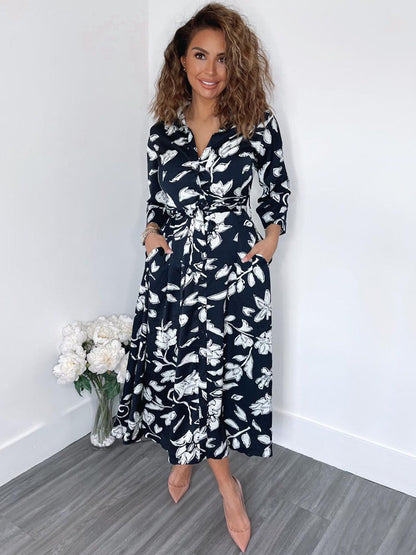 Shirt Midi Dress Green Turndown Collar Split Front Long Sleeves Geometric Layered Dress