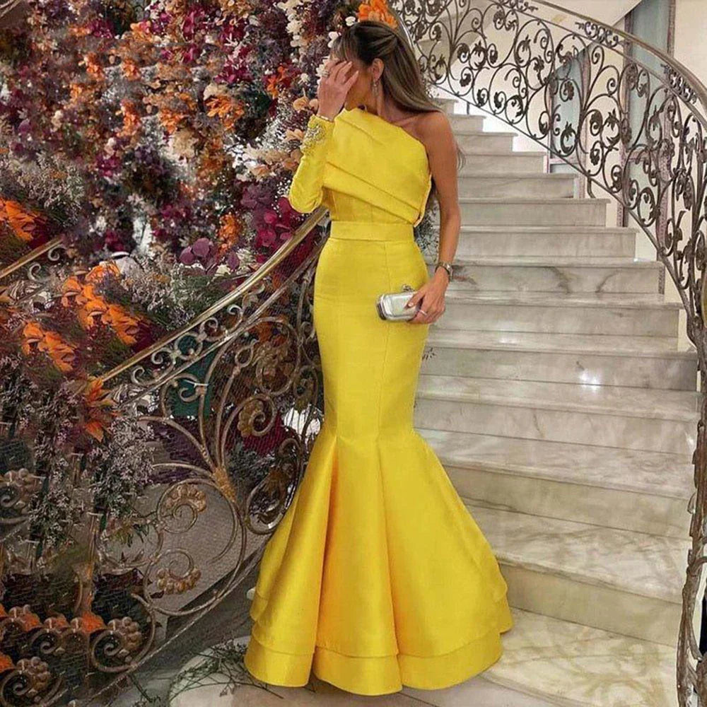 One-Shoulder Mermaid Evening Dress with Cape Beaded