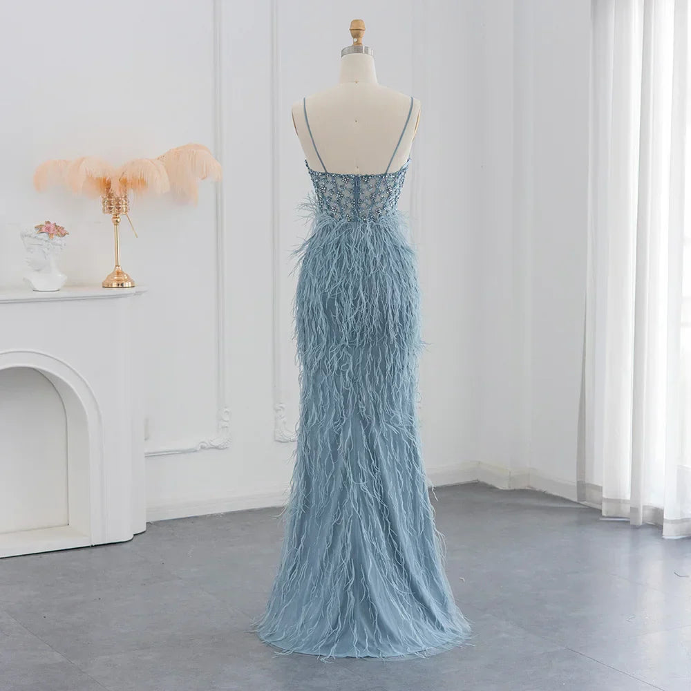 Feathers Spaghetti Straps Side Slit Prom Dress