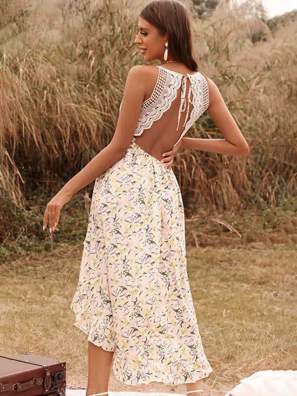 Print Midi Dresses Floral Spaghetti Straps High Low Design Lace Straps Neck Sleeveless Backless Sexy Summer Long Dress