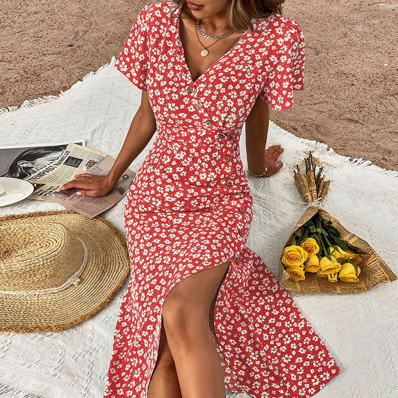 Elegant V-Neck Floral Print Split Maxi Dress in Black