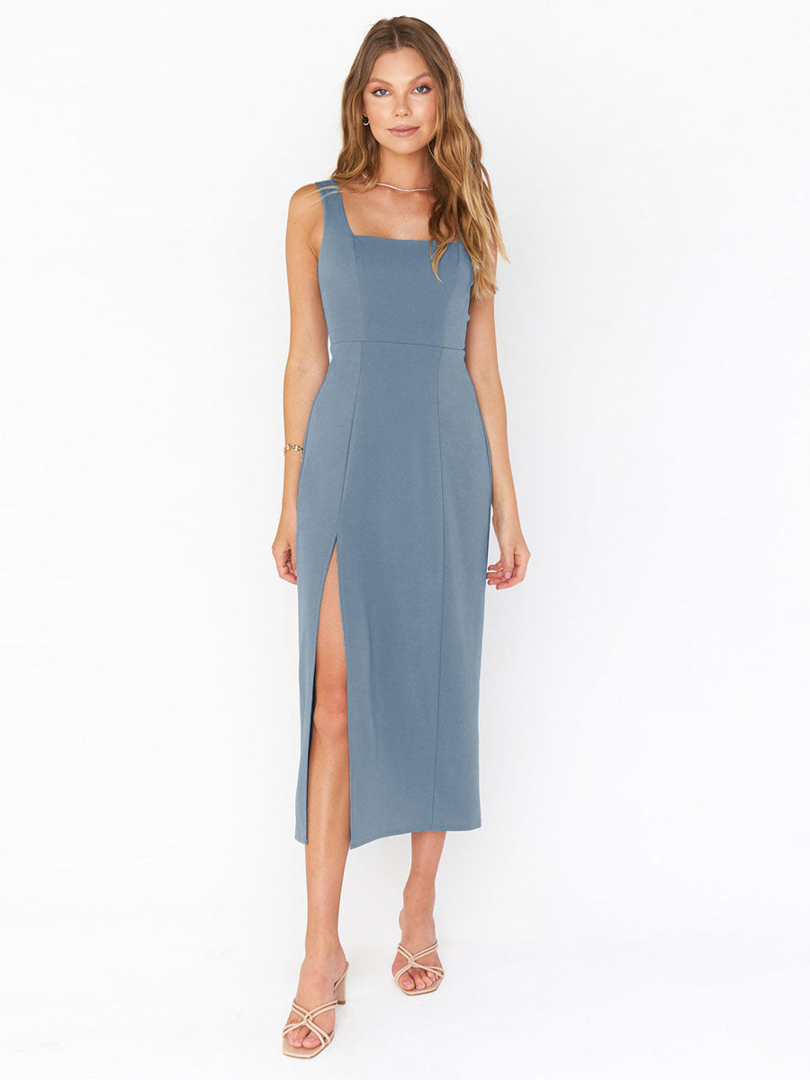 Split Front Low-slit Casual Square Neck Sleeveless Midi Dress