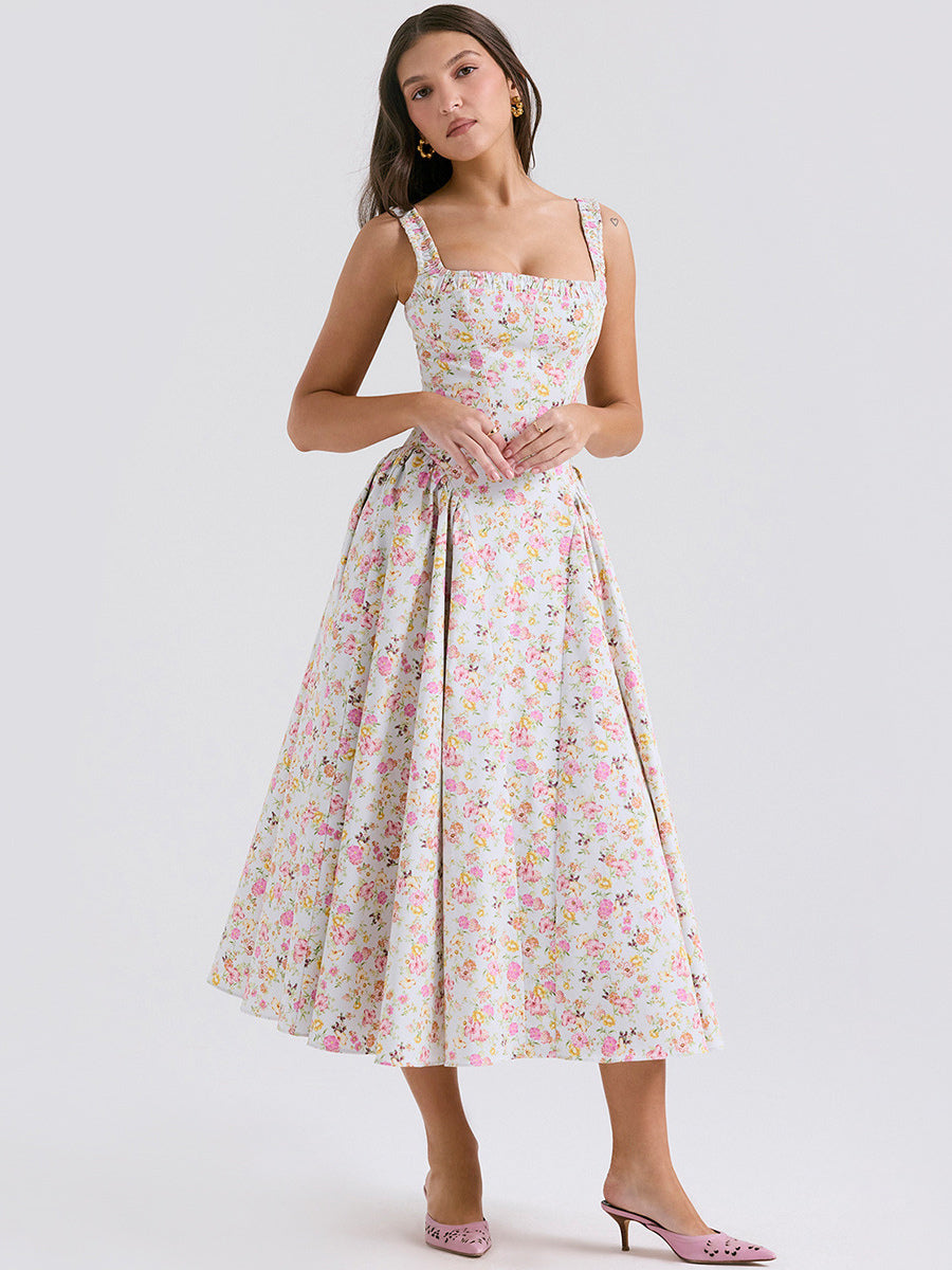 Corset Dress Mini Floral Strap Shoulder Backless Party Midi Dresses