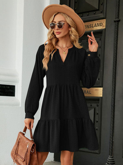Shift Dresses V-Neck Pleated Dark Green Casual Long Sleeves Mini Dress