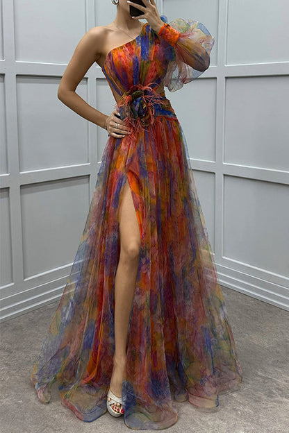 One Shoulder Waisted High Slit Mesh Overlay Printed Maxi Dress