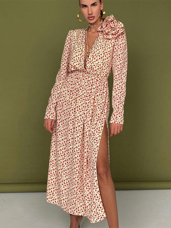 Floral Dress Bloosm Plunge High Slit Long Sleeves Busniess Casual Maxi Dresses
