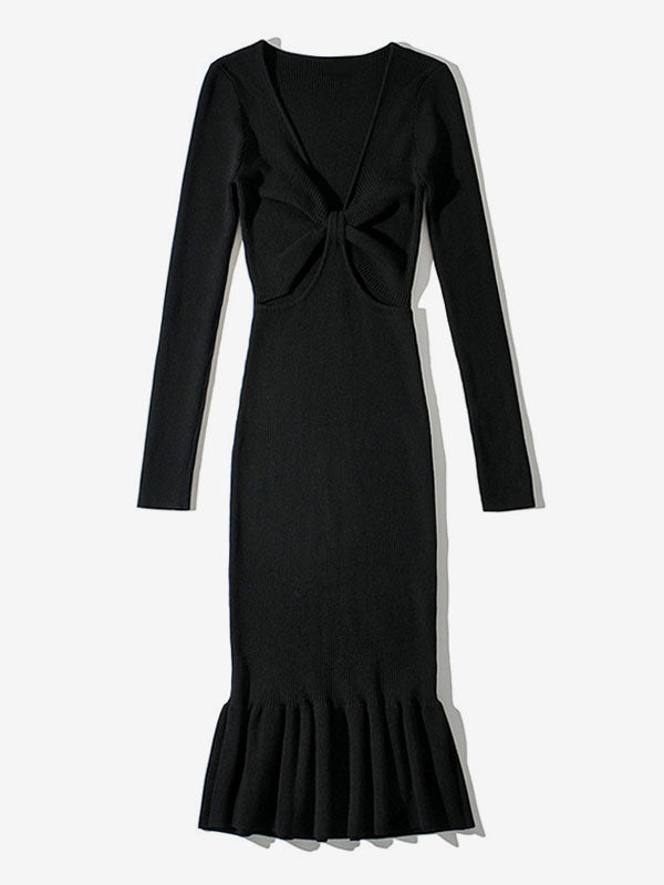 Ruffles Feminine Mini Dress V-Neck Cut Out Long Sleeves Day Dresses