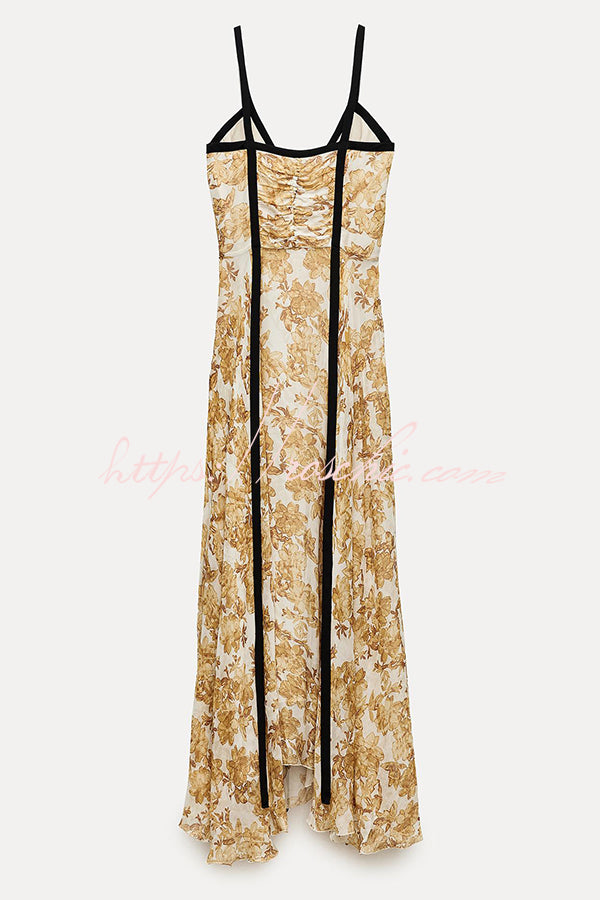 Violet Contrast Unique Print Pleated Backless Strappy Maxi Dress