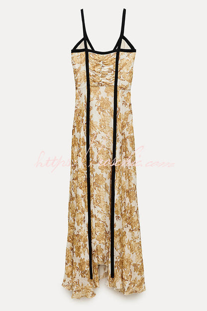 Violet Contrast Unique Print Pleated Backless Strappy Maxi Dress
