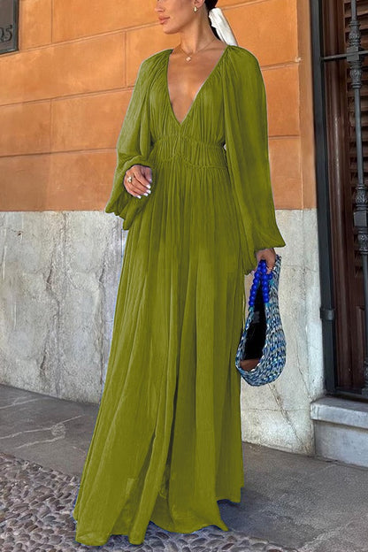 Chiffon Ruched Gathered Waist Maxi Dress