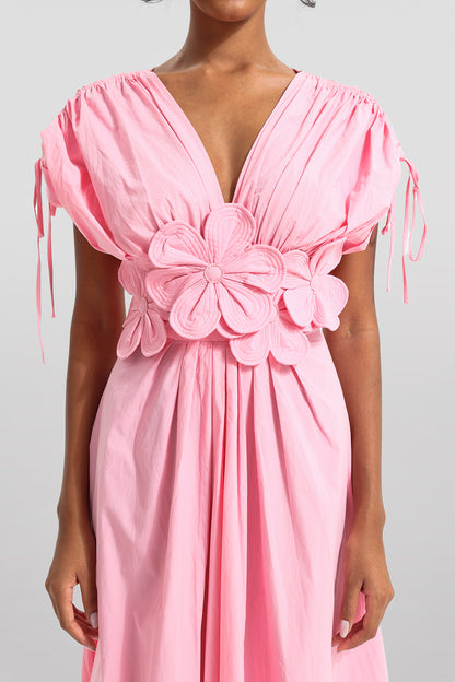3D Floral V-Neck Lace Up Midi Dress