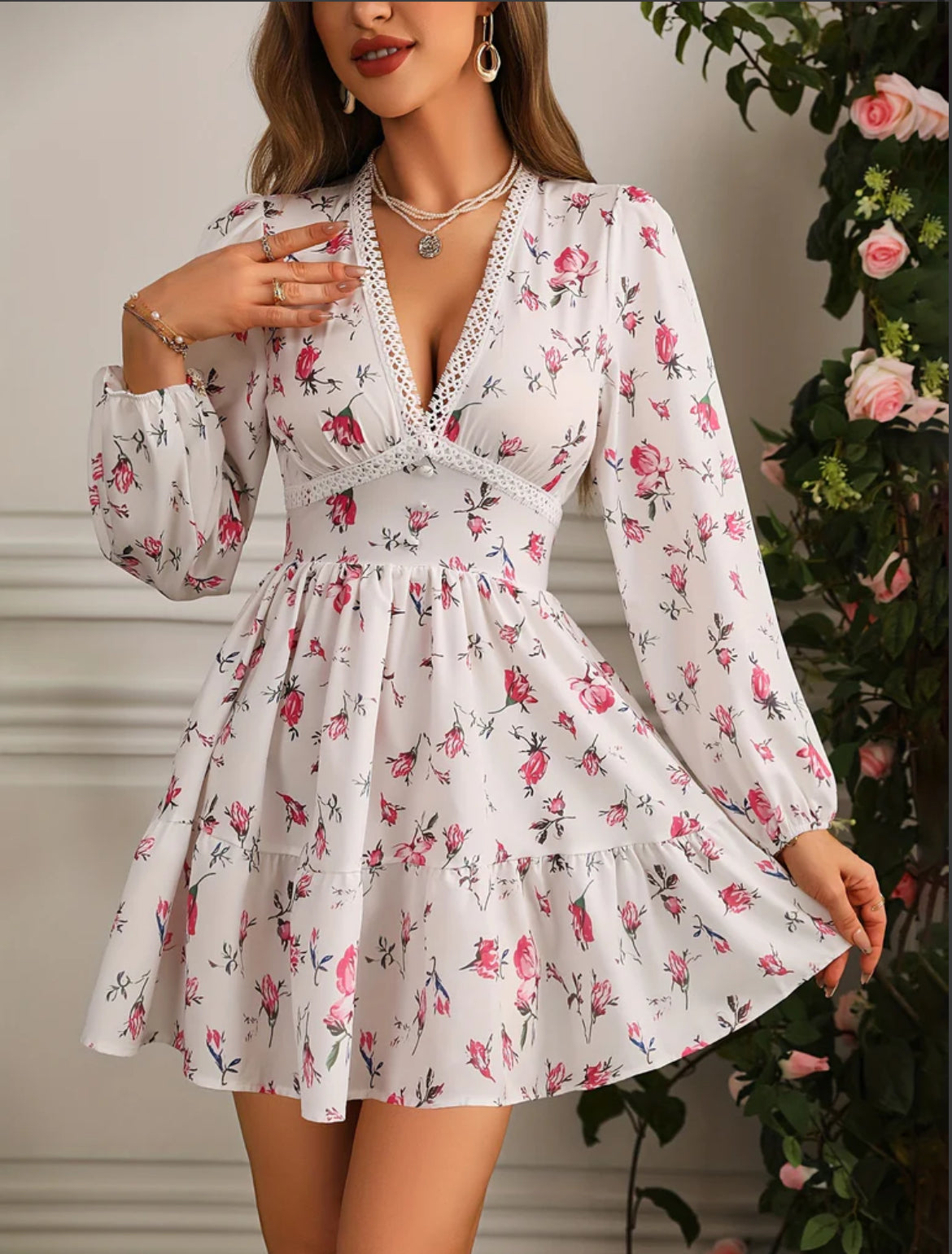 Women's V-Neck Floral Mini Dress with Long Puff Sleeves – Stylish Party Dress