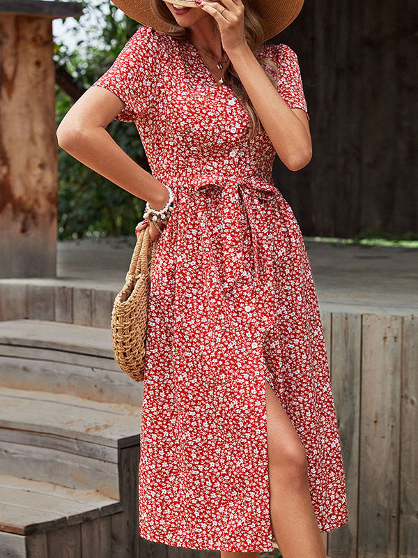 V-Neck Short Sleeves Midi Dress