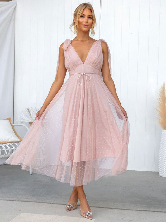 Summer Midi Dress Pink V-Neck Lace Up Tulle Beach Dress