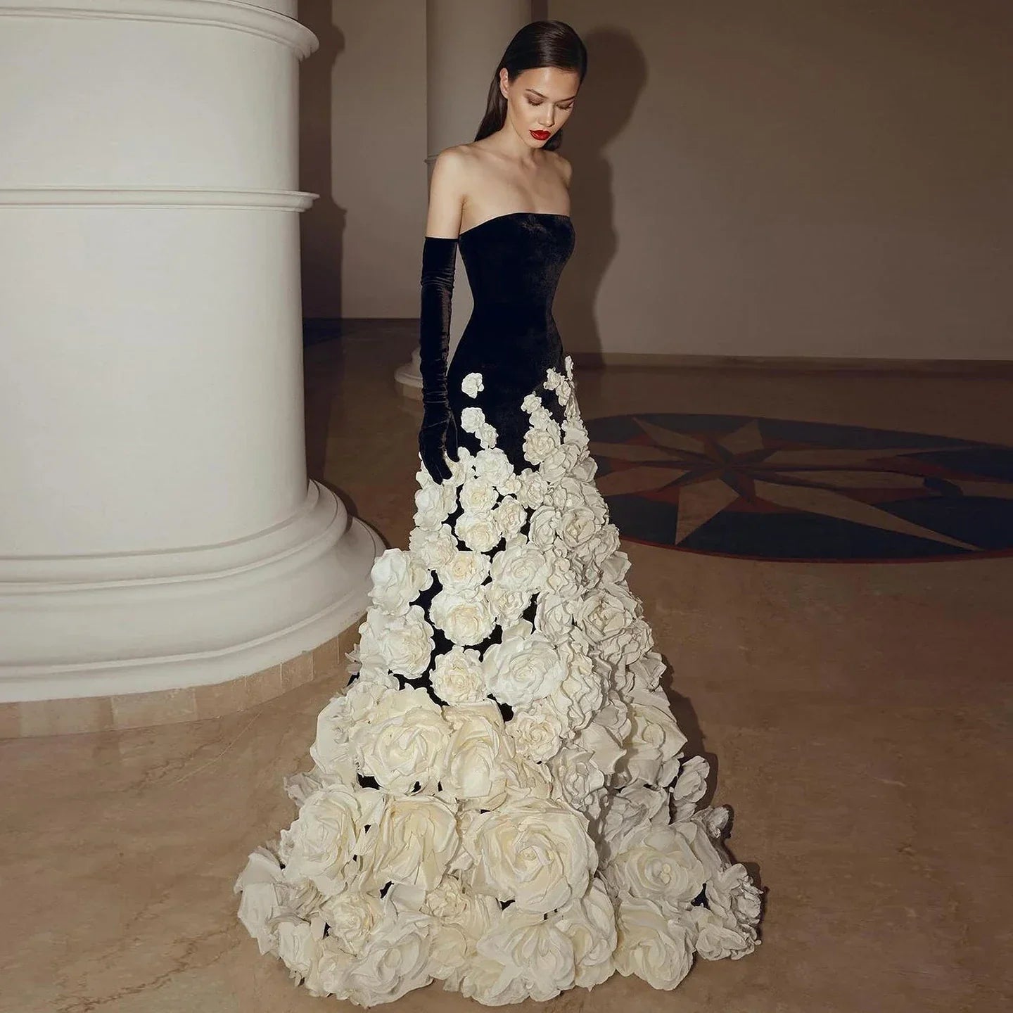 3D Flowers Black Velvet Strapless Evening Dress with Gloves
