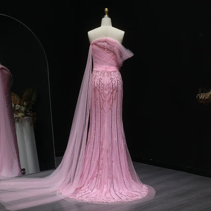 Off-Shoulder Flowing Cape Sleeves High Slit Prom Dress