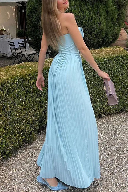 Strapless V Neck Corset Pleated Maxi Dress