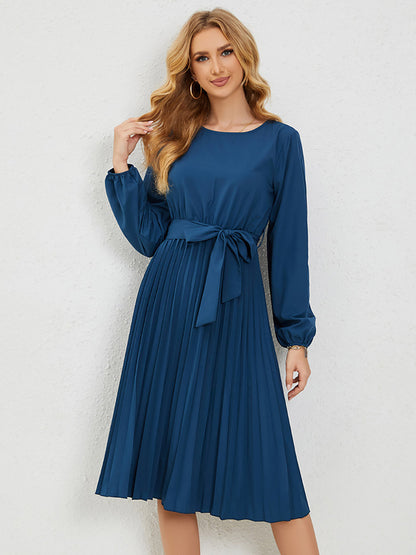 Midi Dresses Jewel Neck Lantern Sleeve Belted Pleated Dress