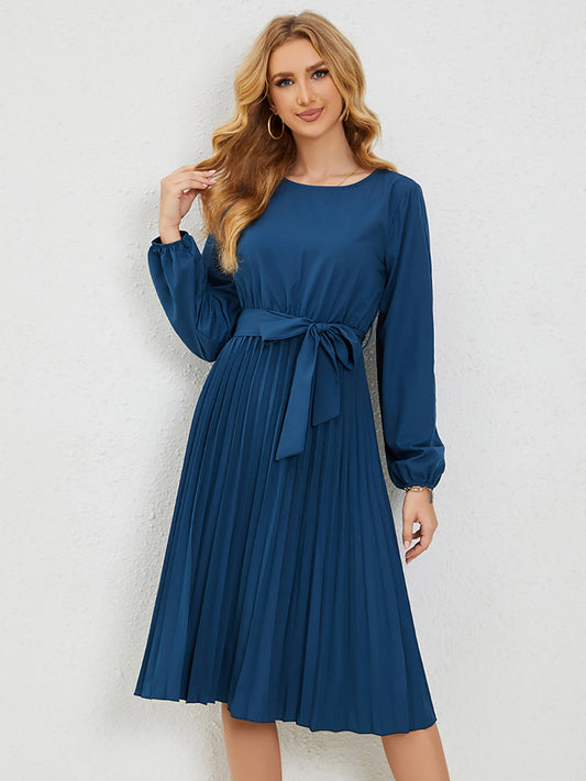 Midi Dresses Jewel Neck Lantern Sleeve Belted Pleated Dress