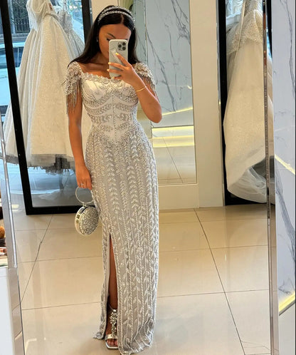 Cream tassel Straight  Pink Evening Dress