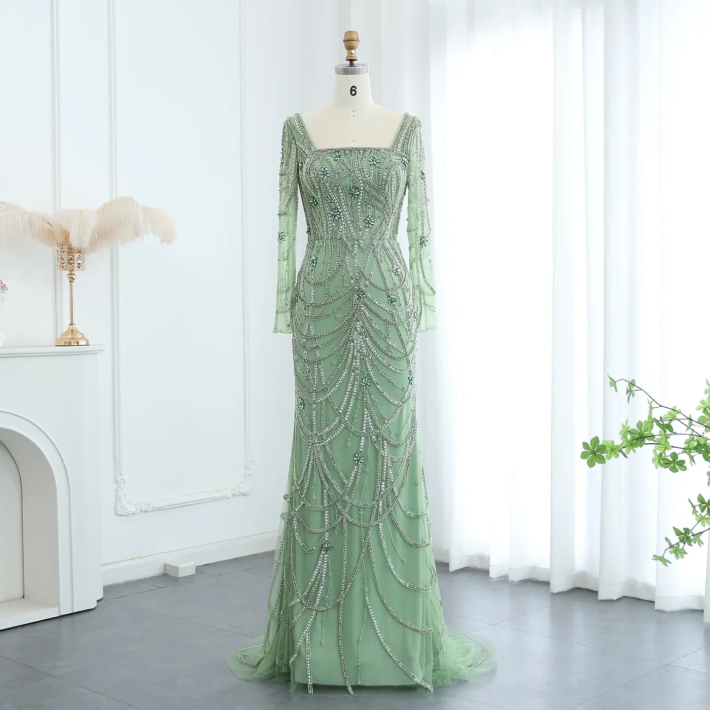 Green Mermaid Square Neckline Tulle Party Dress
