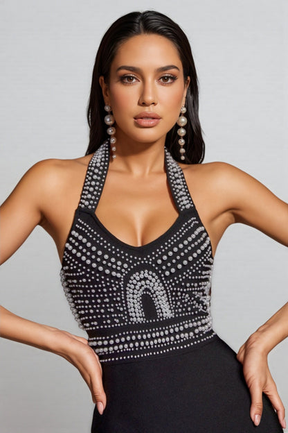 Maia Pearl Halter Bandage Midi Dress - Black
