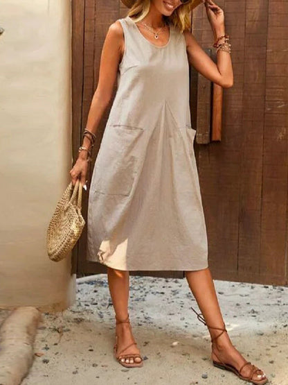 Loose Sleeveless Pleated Solid Color Split-Joint Round-Neck Midi Dresses