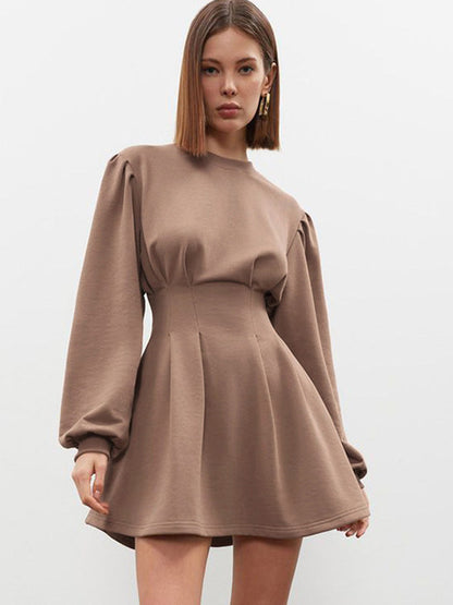 Party Dress Lantern Sleeves High Waist Solid Color A-Line Mini Dresses