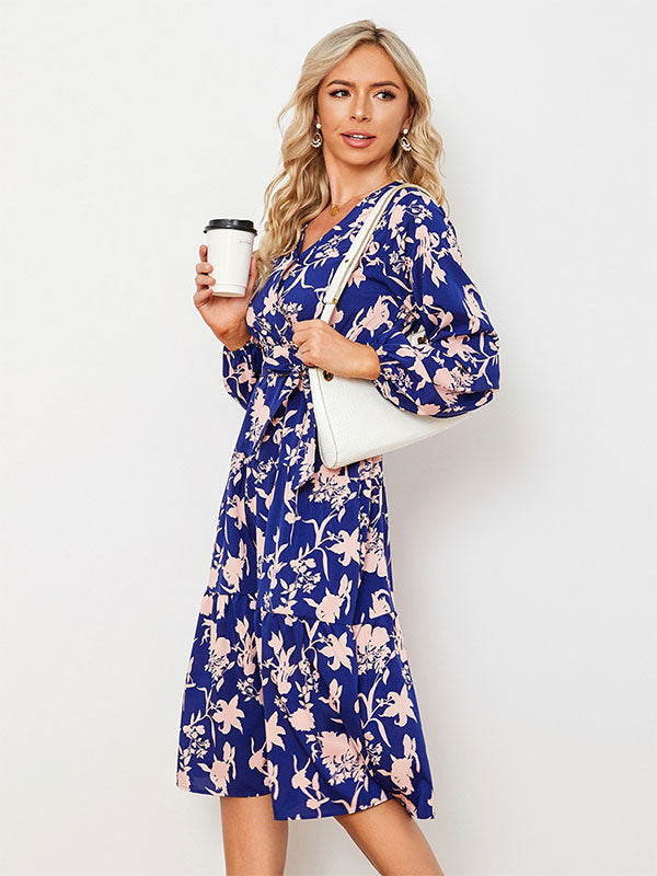 Floral Print Casual V-Neck Long Sleeves Midi Dress