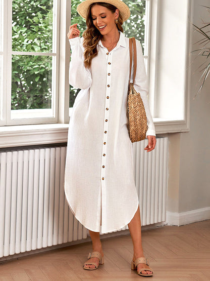 Casual Long Sleeves Solid Color Lapel Collar Midi Dresses