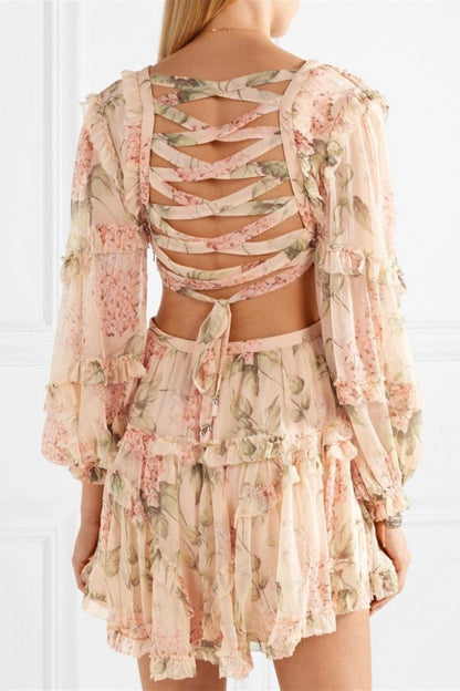 Floral Long Sleeve V-Neck Cut-Out Mini Dress
