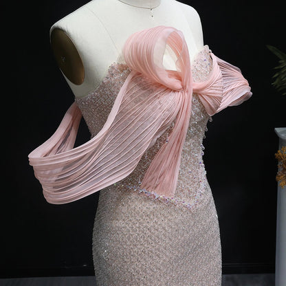 Off-Shoulder Blush Pink Embroidery Dress