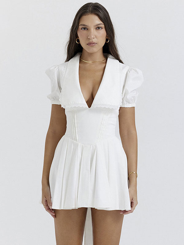 Summer Mini Dresses White V-Neck Bows Beach Dress