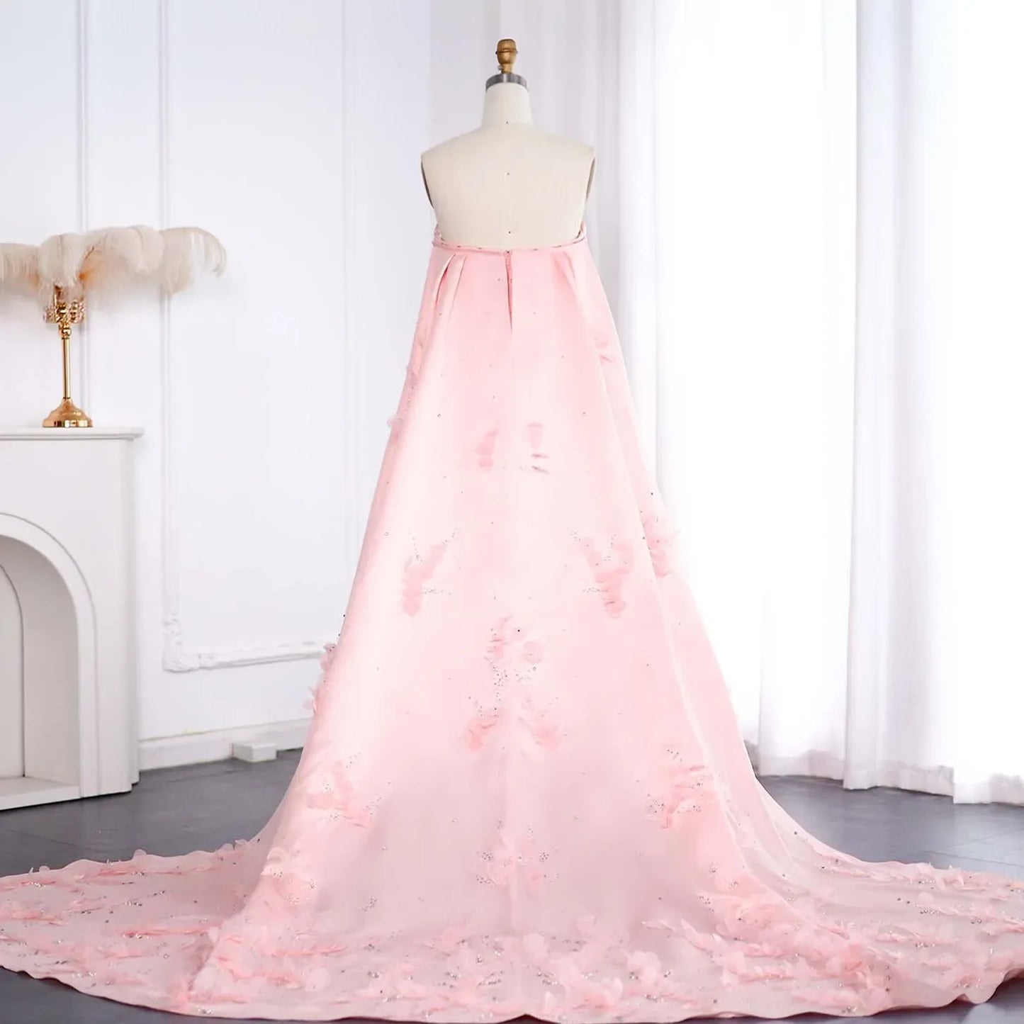 Crystal 3D flower Sage Green Satin Dress with Cape
