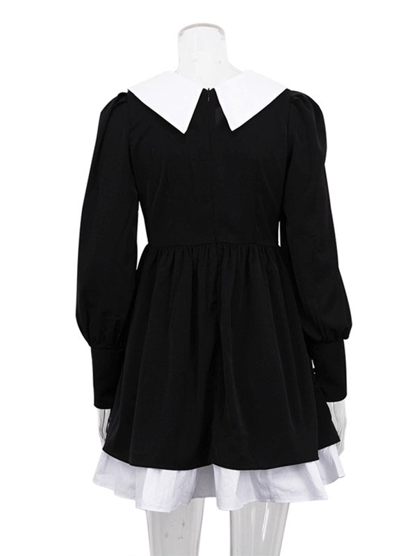 Long Sleeves Loose Contrast Color Pleated Tiered Peter Pan Collar Mini Dresses