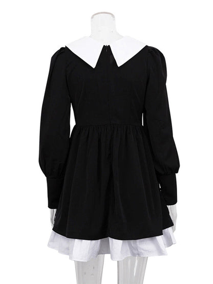Long Sleeves Loose Contrast Color Pleated Tiered Peter Pan Collar Mini Dresses
