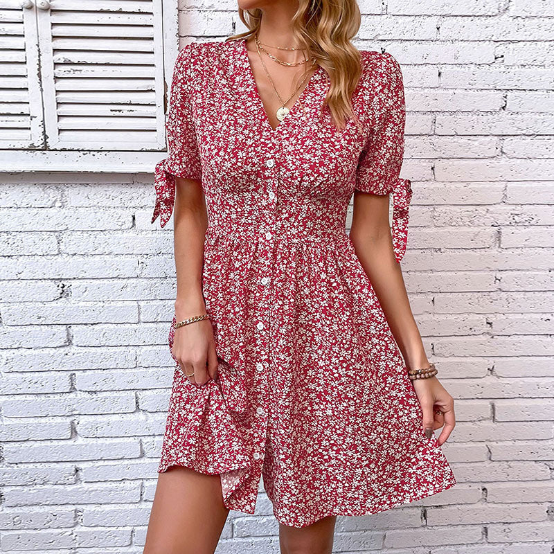 V-Neck Floral Print Split Mini Dress in Red for Women