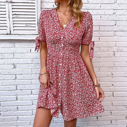 V-Neck Floral Print Split Mini Dress in Red for Women