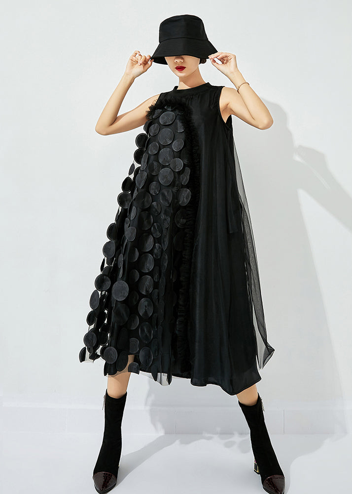 Bohemian Black Asymmetrica Patchwork Wrinkled Tulle Maxi Dress Sleeveless
