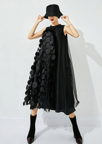 Bohemian Black Asymmetrica Patchwork Wrinkled Tulle Maxi Dress Sleeveless