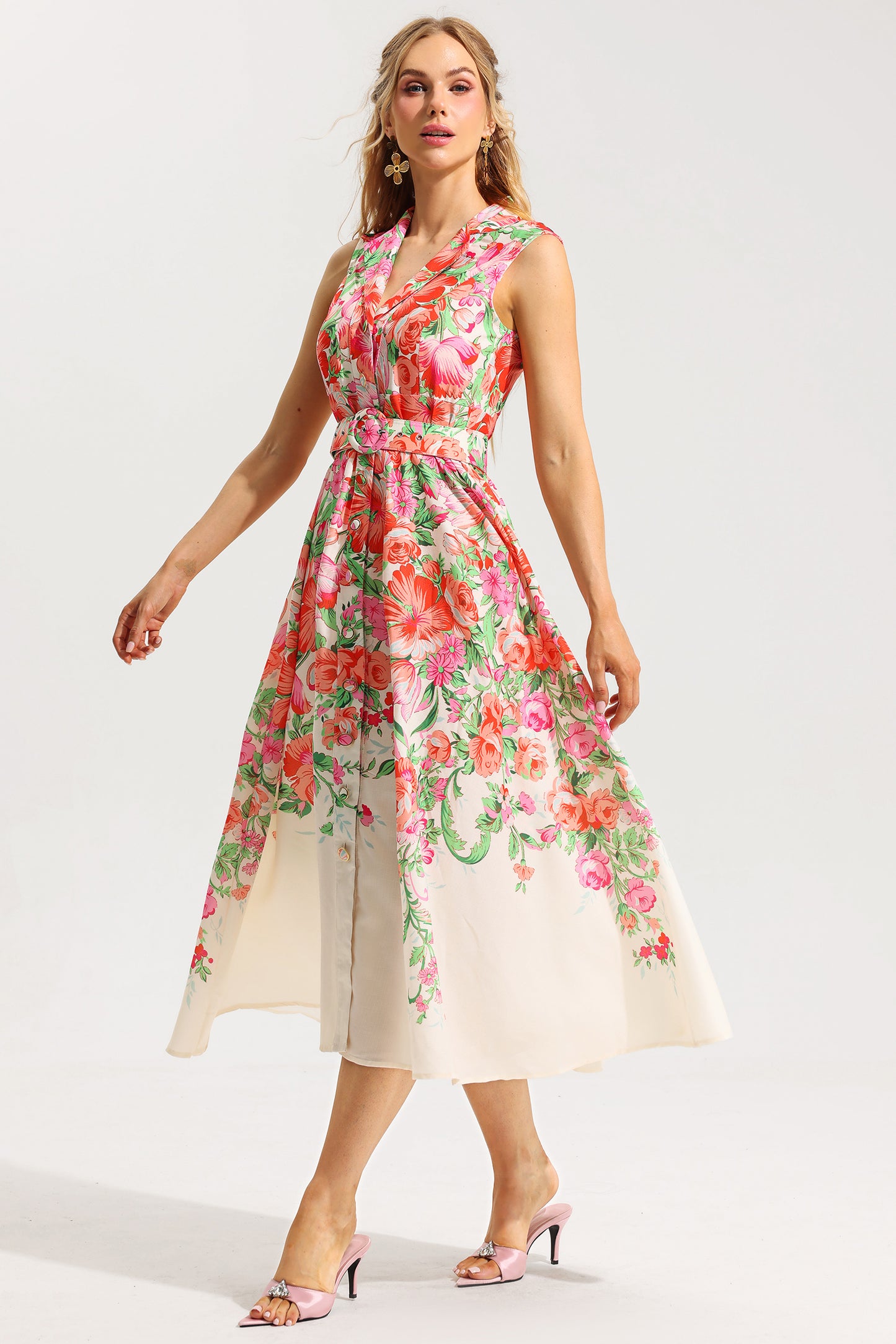 Floral Bottom Sleeveless Midi Dress With Belt