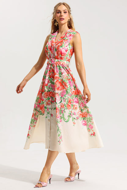 Floral Bottom Sleeveless Midi Dress With Belt