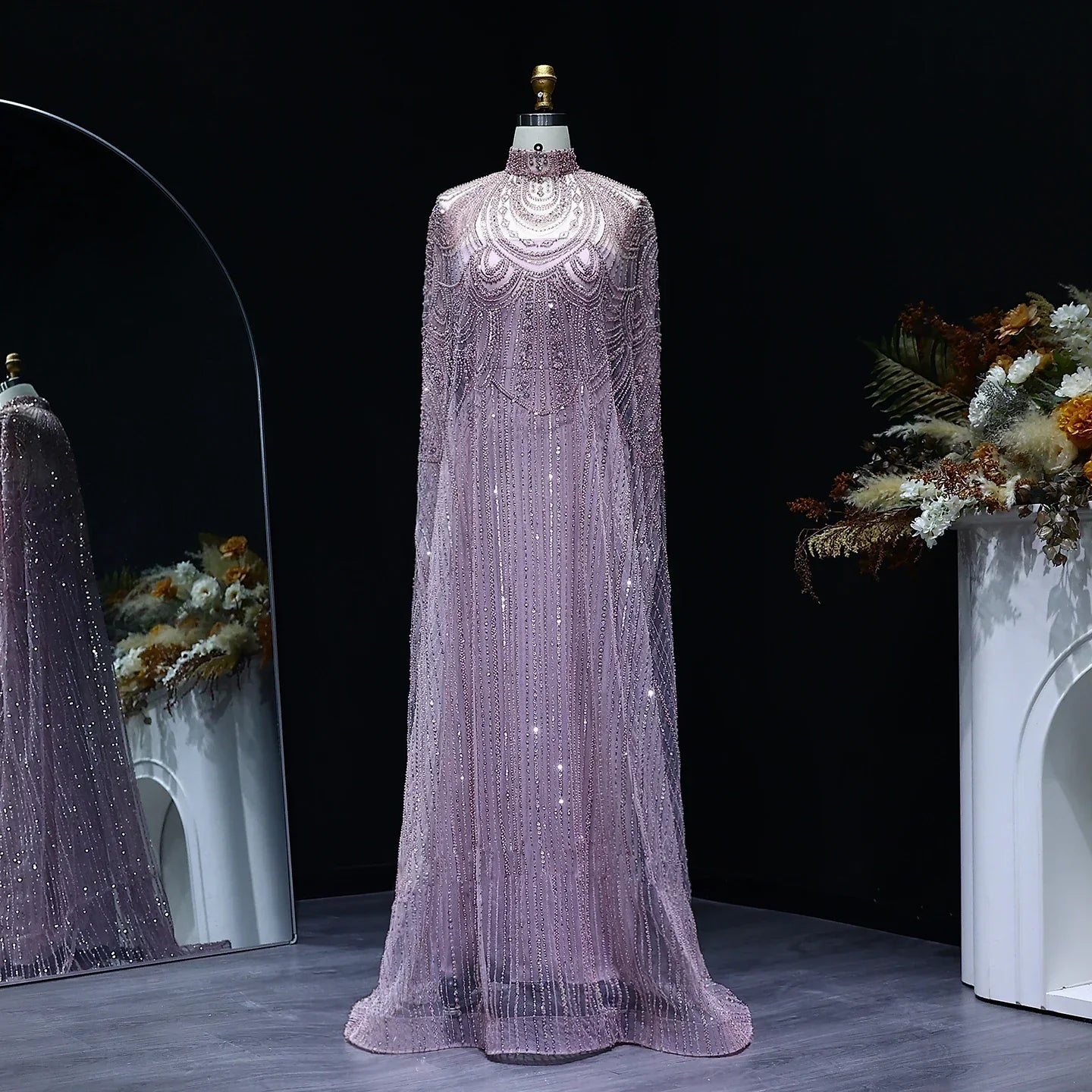 Beaded Nude Kaftan Evening Dress