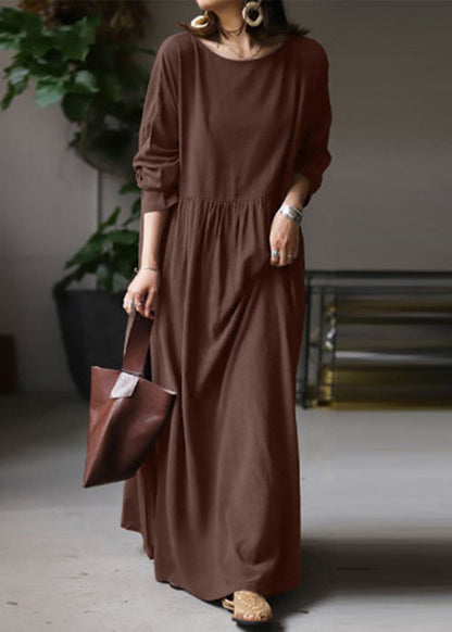 Loose White O Neck Solid Cotton Maxi Dress Long Sleeve