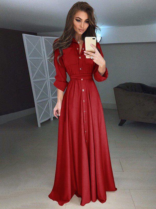 Women Maxi Dresses High Rise Stand Collar Buttons Long Sleeves Floor Length Shirt Dress