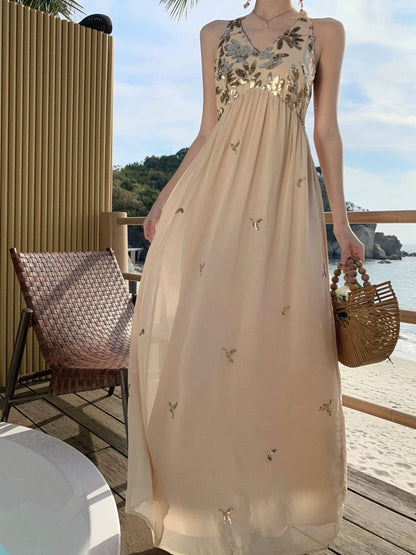 Sparkly French Halter Maxi Dress – Sexy Backless Gown for Beach Vacay